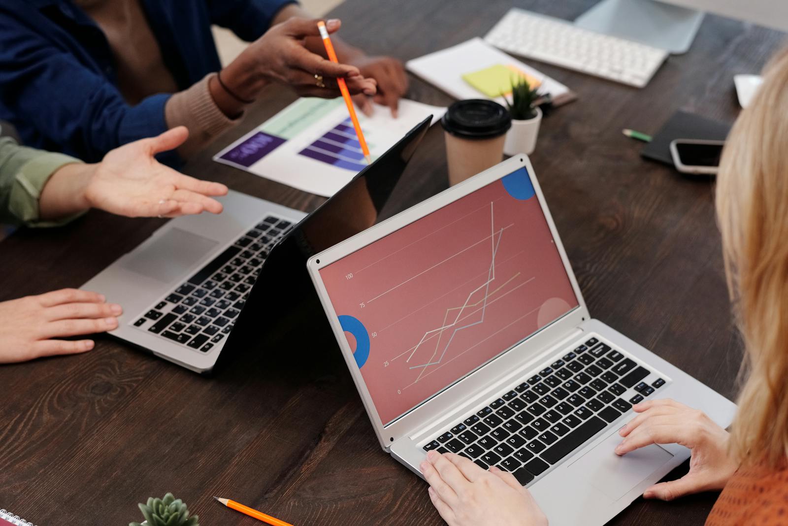 Business team reviewing campaign data together at a laptop